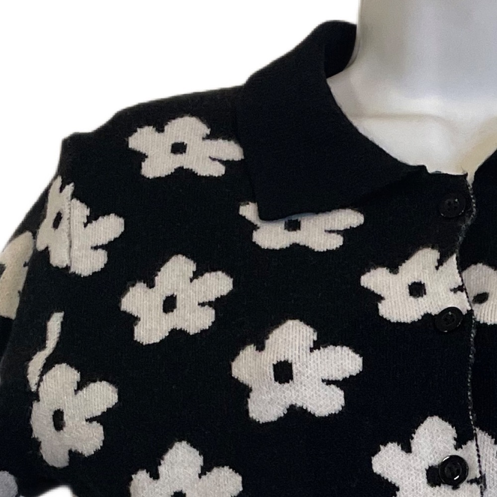 Floral collar black white button down top retro soft blouse women’s shirt - Picture 2 of 8